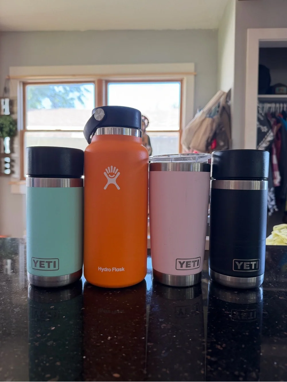 Yeti Tumbler Set in Mint, Pink and Black with Orange Hydro Flask